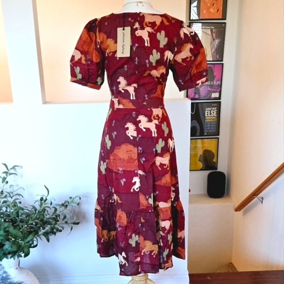🏷️MODCLOTH PRINCESS HIGHWAY Equestrian Puff Sleeve Linen Cotton Midi Dress Sz 8 - Picture 8 of 13